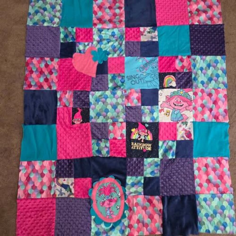 Unfinished Trolls themed quilt
